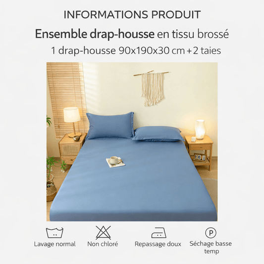 Ensemble drap - housse brossé uni avec 2 taies 90x190x30 cm en