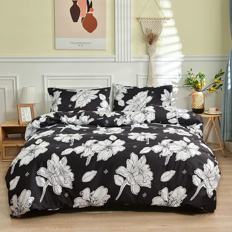 Parure de lit polyester motif floral noir et blanc 180x220 cm – 4 pièces en