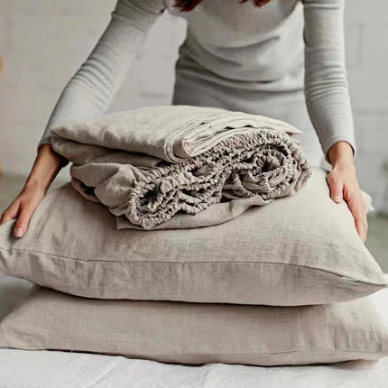 Drap - housse en lin + 2 taies d'oreiller - 180x200x35 cm en
