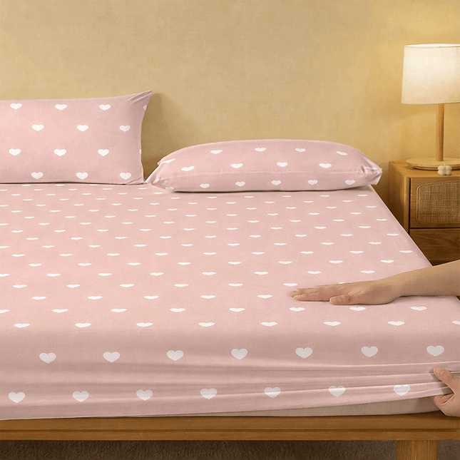 Drap - housse rose doux avec coeurs blancs 160X200X25 cm en