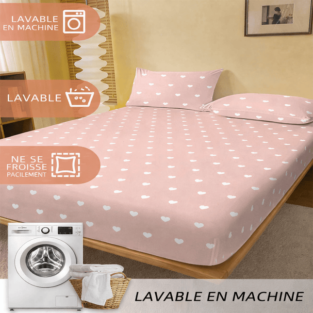 Drap - housse rose doux avec coeurs blancs 180X200X25 cm en
