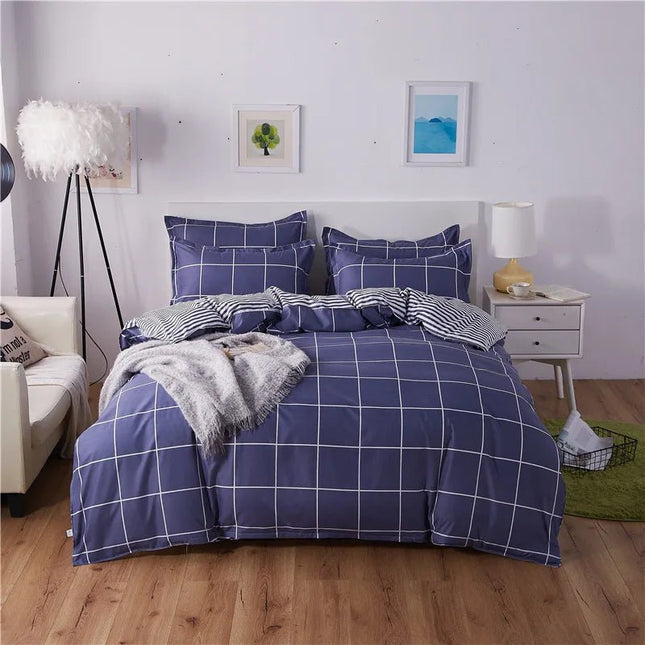 Parure de lit bleu motif carreaux 150x200 cm – 3 pièces en