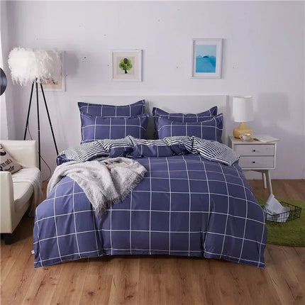 Parure de lit bleu motif carreaux 180x220 cm – 3 pièces en