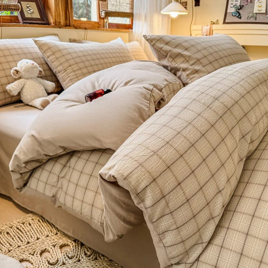 Parure de lit coton 180x220 cm – carreaux clairs, 3 pièces en