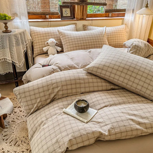 Parure de lit coton 180x220 cm – carreaux clairs, 3 pièces en