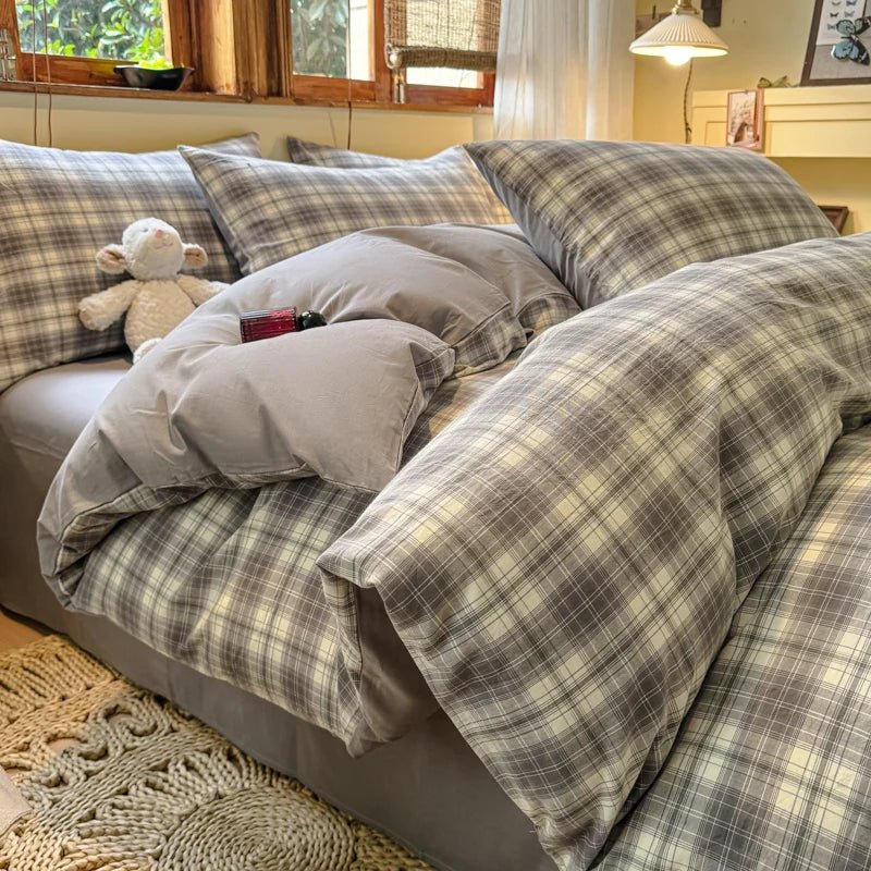 Parure de lit coton 180x220 cm – motif à carreaux, 3 pièces en