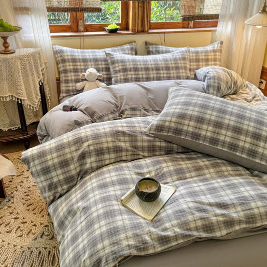 Parure de lit coton 180x220 cm – motif à carreaux, 3 pièces en