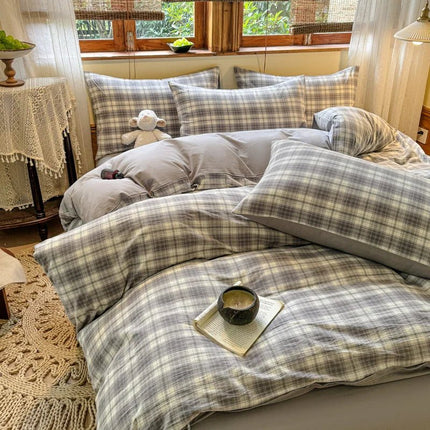 Parure de lit coton 200x200 cm – motif à carreaux, 3 pièces en