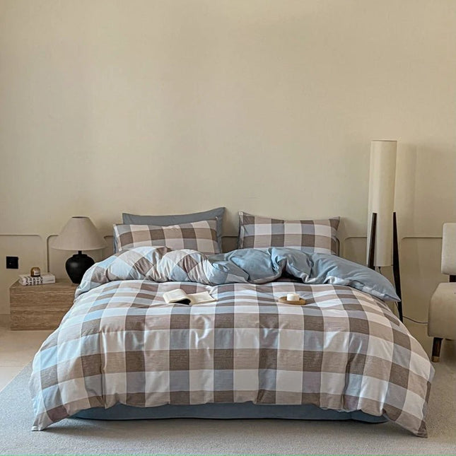 Parure de lit en coton 100 % à carreaux – 150x210 cm en