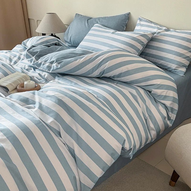 Parure de lit en coton 100 % à rayures - 150x210cm en
