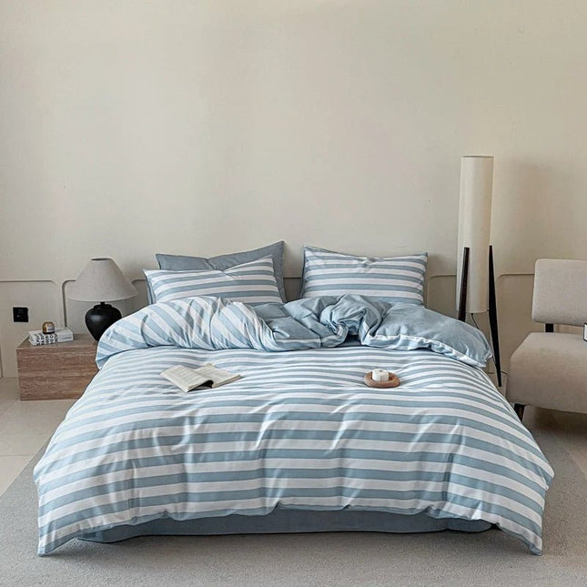 Parure de lit en coton 100 % à rayures - 200x230cm en