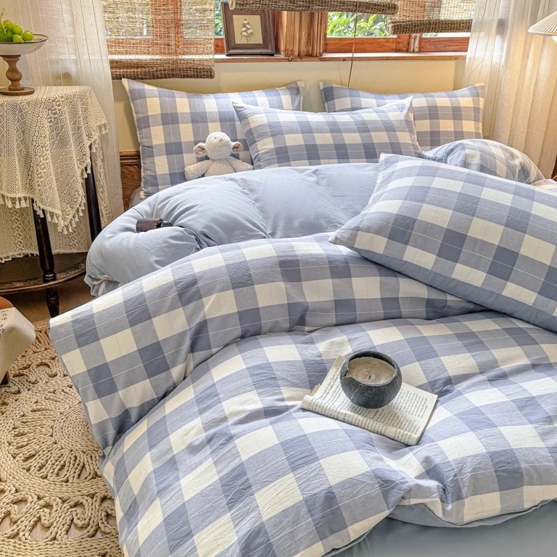 Parure de lit en coton 180x220 cm – carreaux bicolores, 3 pièces en