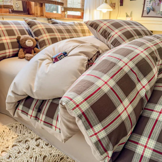 Parure de lit en coton 180x220 cm – motif à carreaux, 3 pièces en