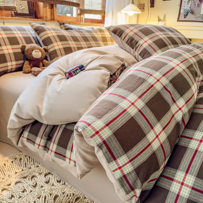 Parure de lit en coton 220x240 cm – motif à carreaux, 3 pièces en