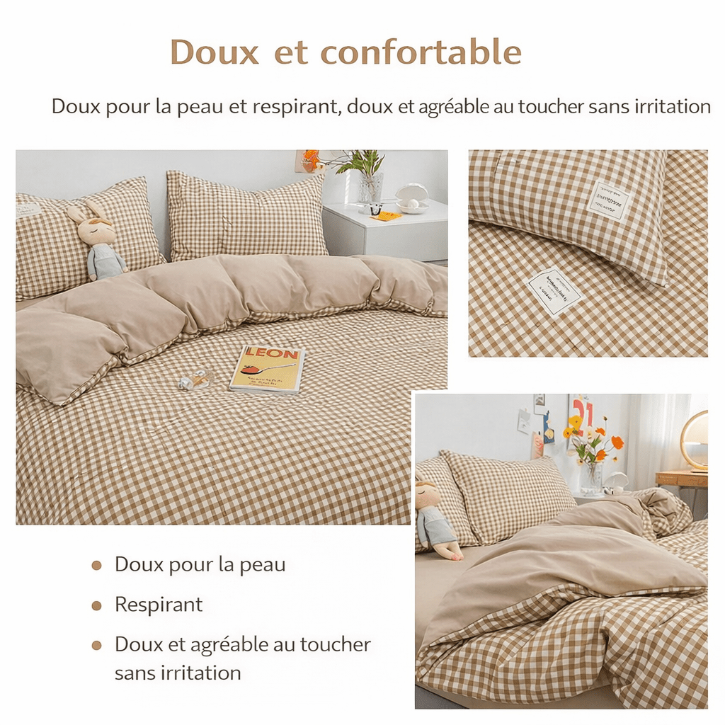 Parure de lit douce et respirante en coton à carreaux