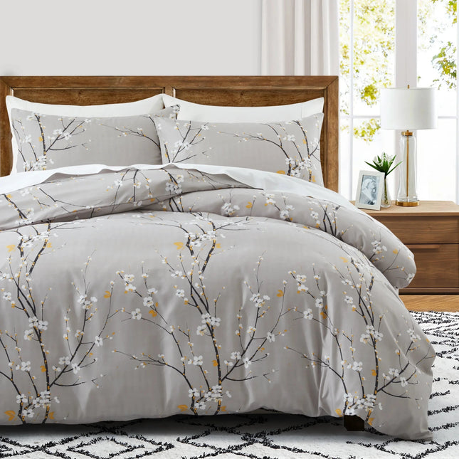 Parure de lit fleurs grises 180x210 cm – 3 pièces en