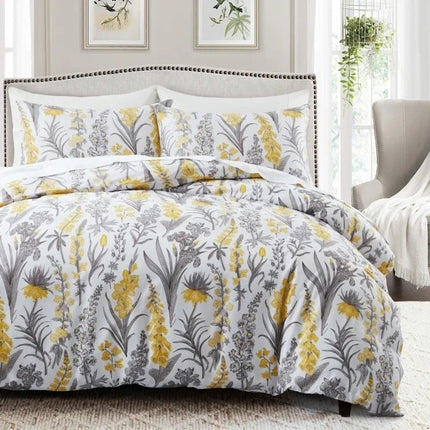 Parure de lit fleurs jaunes et grises 140x210 cm – 2 pièces en