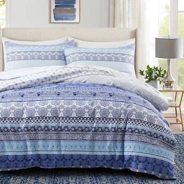 Parure de lit motif bohème bleu 180x210 cm – 3 pièces en