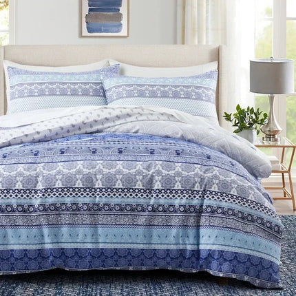 Parure de lit motif bohème bleu 220x240 cm – 3 pièces en