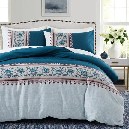 Parure de lit motif floral bleu 220x240 cm – 3 pièces en