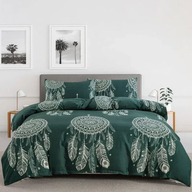 Parure de lit motif plumes vert 200x200 cm – 3 pièces en