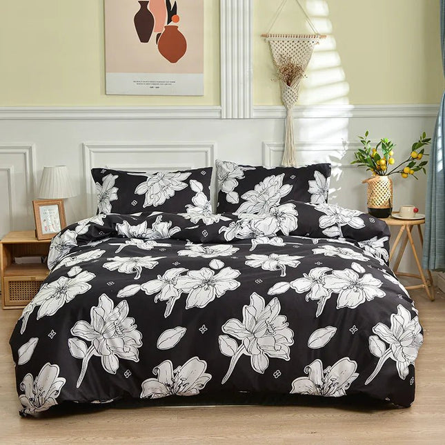Parure de lit polyester motif floral noir et blanc 220x240 cm – 4 pièces en