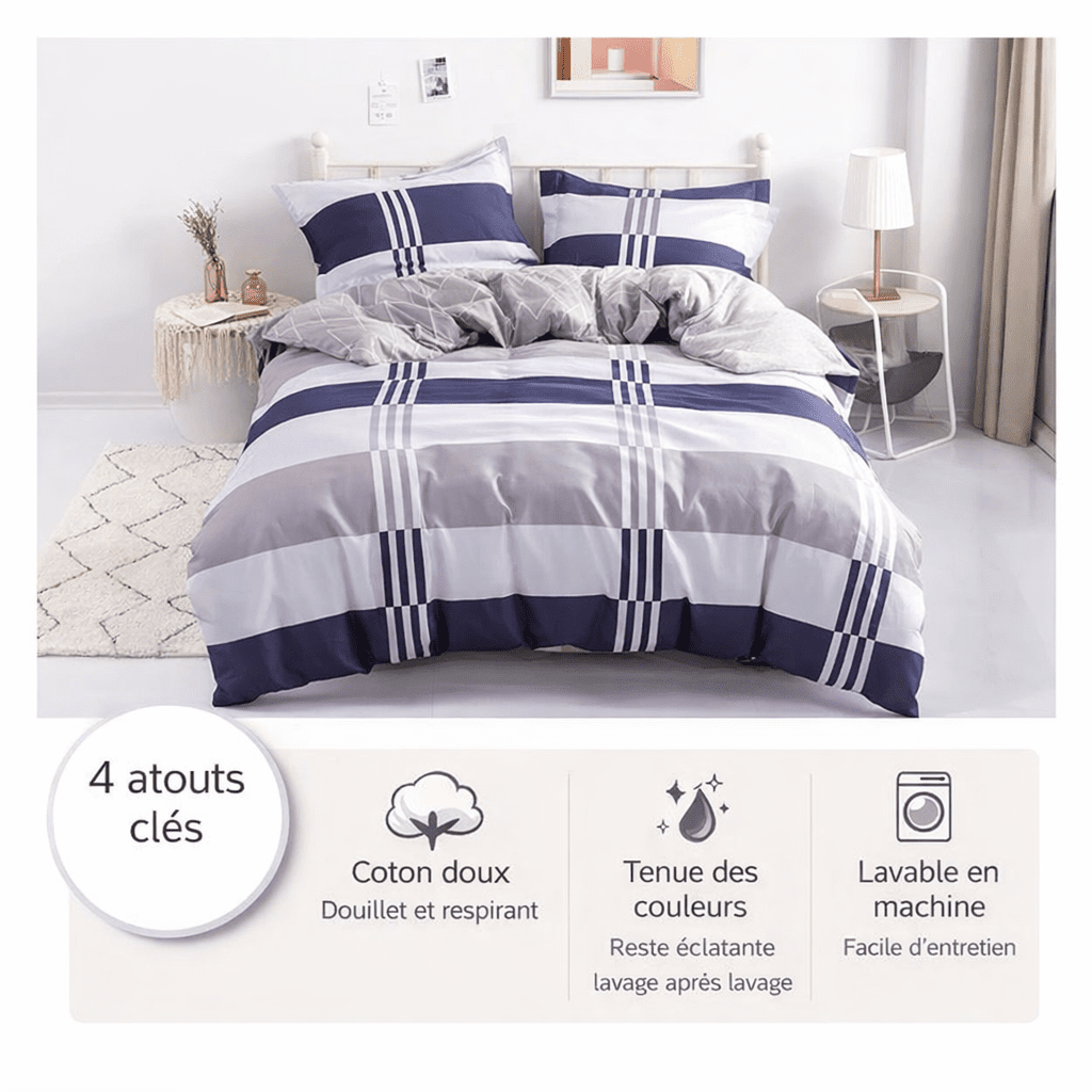 Parure de lit rayée 100 % coton – housse de couette 220x240 cm avec 2 taies d’oreiller (3 pièces) en