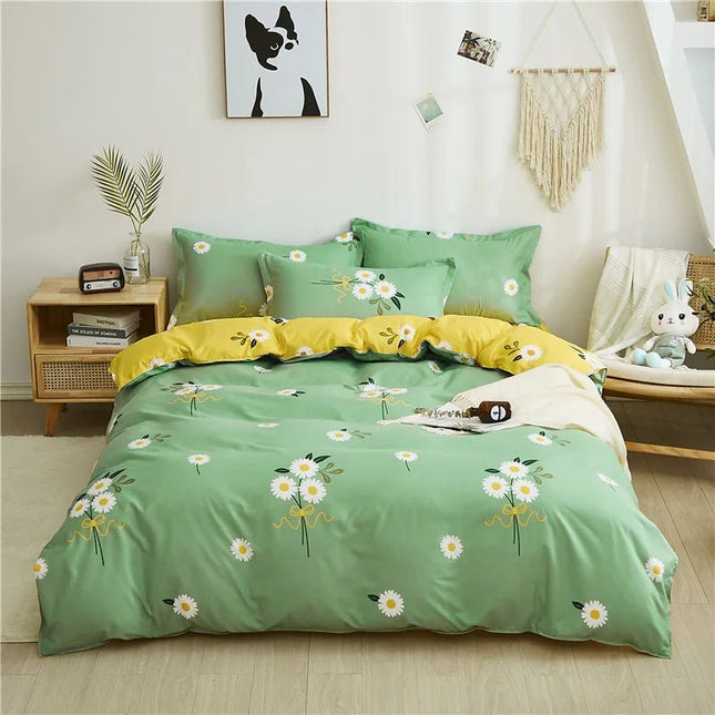 Parure de lit verte motif marguerites 180x220 cm – 3 pièces en
