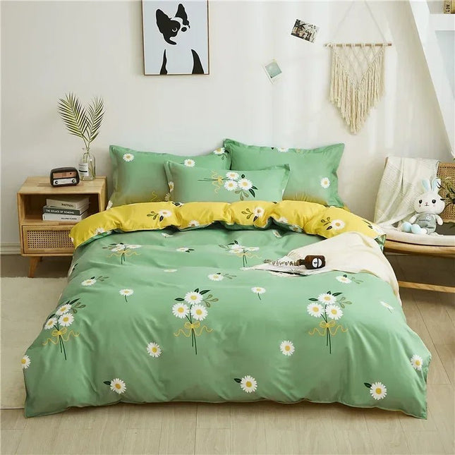 Parure de lit verte motif marguerites 220x240 cm – 3 pièces en